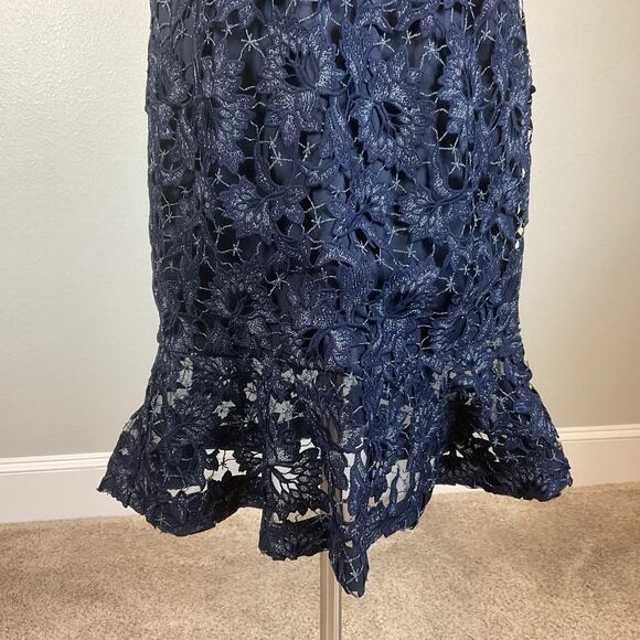 Aidan Mattox Women's Cocktail Dress Size 10 Blue Metallic Lace Midi Sheath - Picture 7 of 12